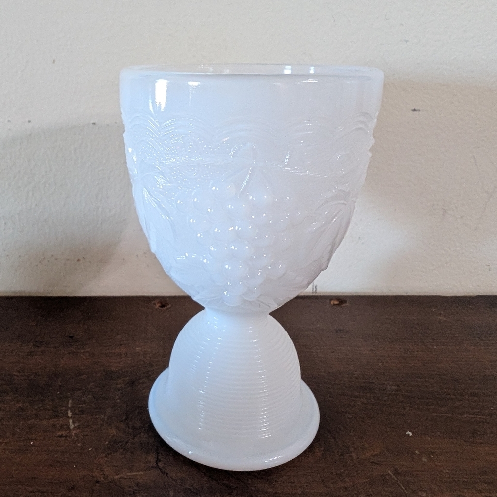 Vintage Imperial Glass White Milk Glass Egg Cup featuring the "Hanging Grape"